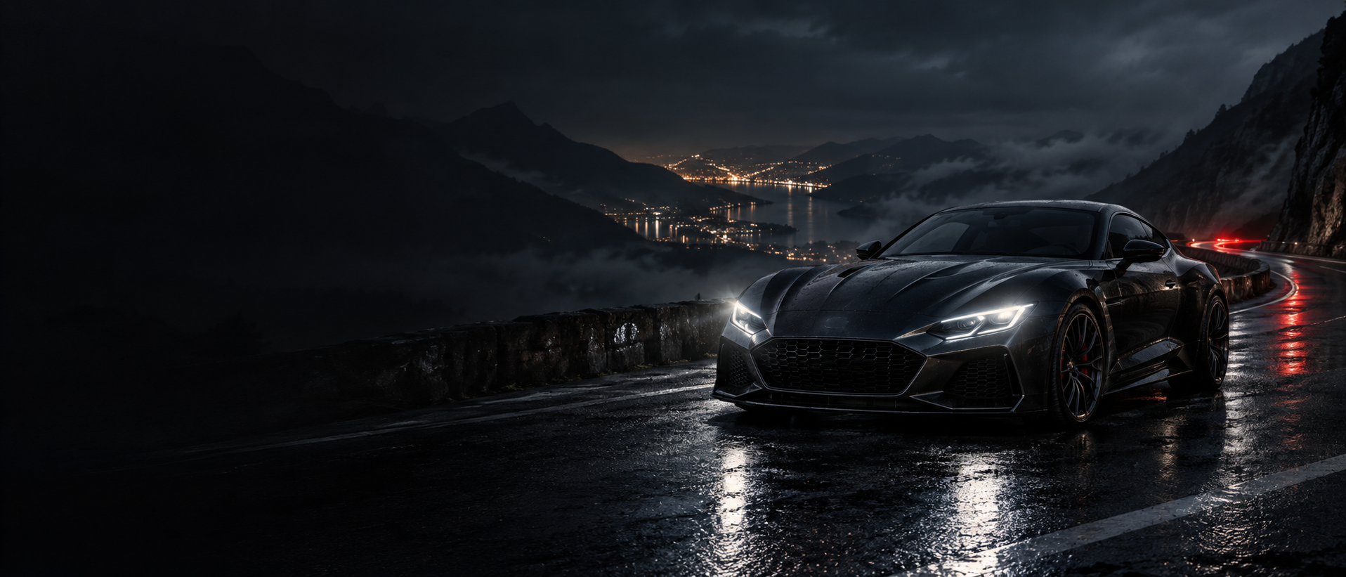 Prale Performance sports coupe on a wet mountain road at night