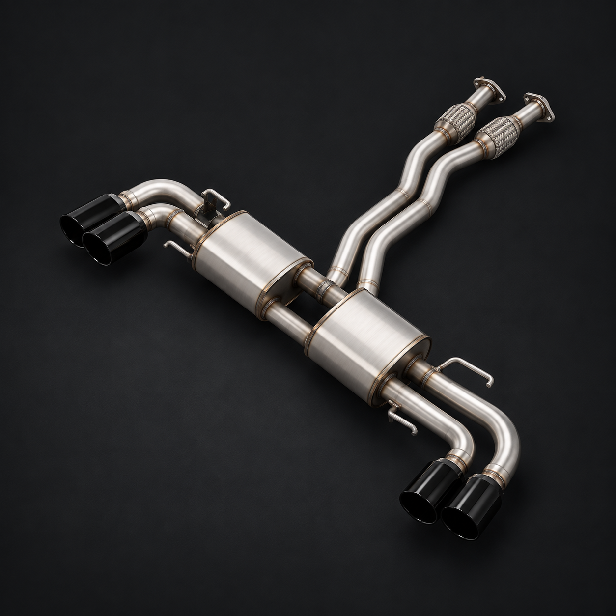 AI-restored reference: Twin-muffler rear section